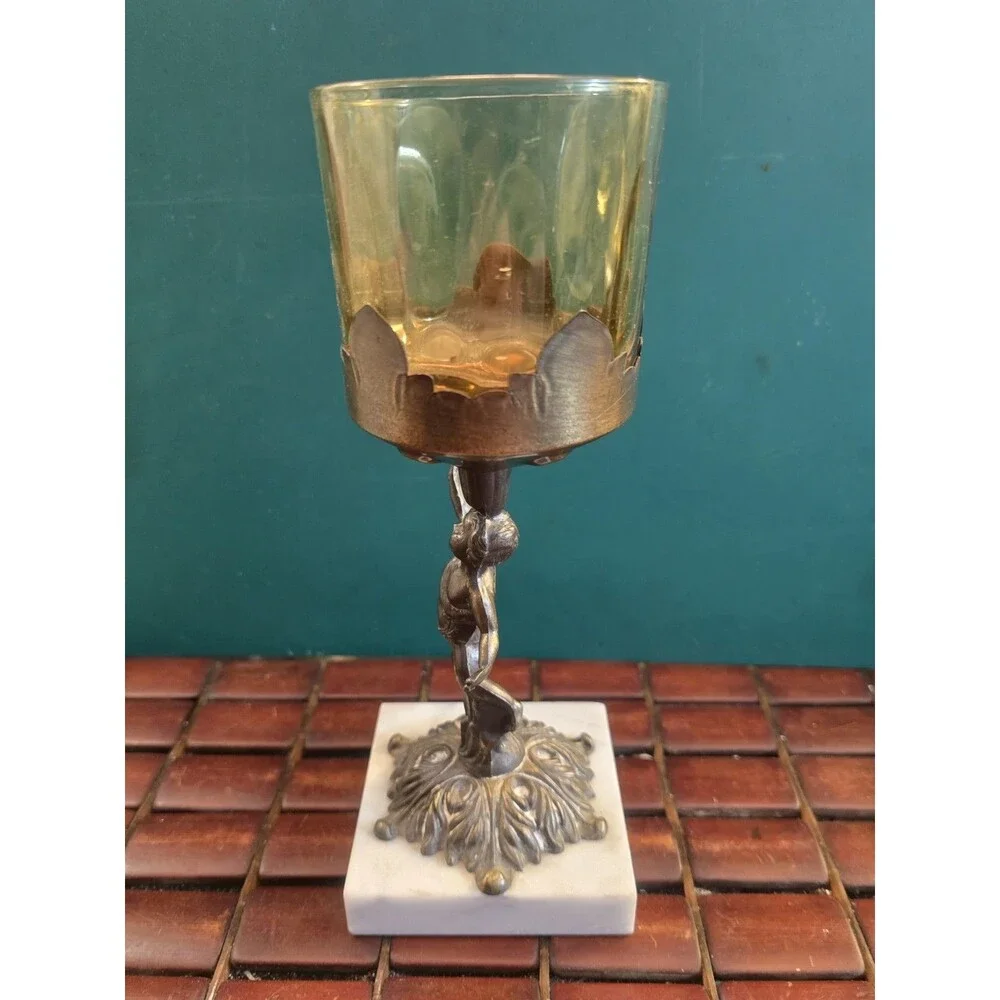 Cherub Candle Holder Bronze  w/ Marble Base Vintage Hollywood Regency 9.25